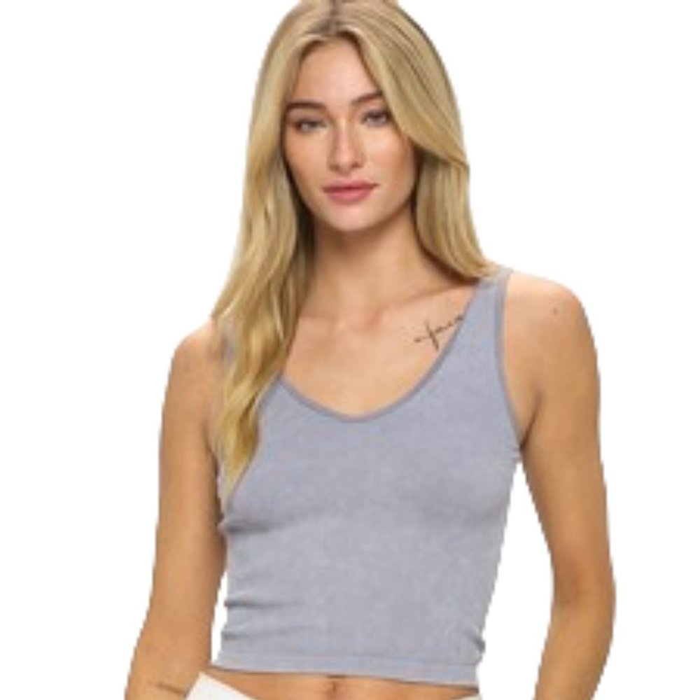 Fitted seamless, sleeveless reversible stone washed ribbed tank-Grey